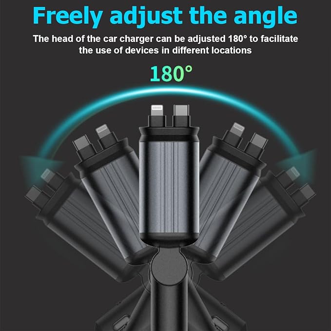 Car Charger with Starrylight, 4 in 1 Retractable Type C USB Ports 120W Fast Charging Adapter for Phones, Tablets, Multifunctional Auto Accessories, Universal for Vehicles