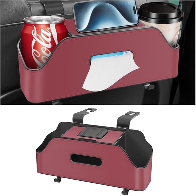 Zipelo Car Headrest Backseat Organizer with Cup Holder, Multi-Functional Vehicle Seat Back Hanging Storage Box with Hooks, Auto Drink Snack Phone Tray Travel Accessories for Kids Adults (Wine Red)