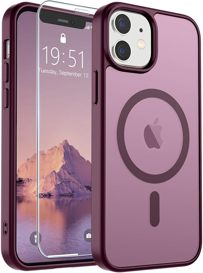 SUPFINE Magnetic for iPhone 12 Mini Case & iPhone 13 Mini Case with Screen Protector (Compatible with MagSafe) (Military Grade Drop Protection) Translucent Matte Shockproof Phone Cover,Wine Red