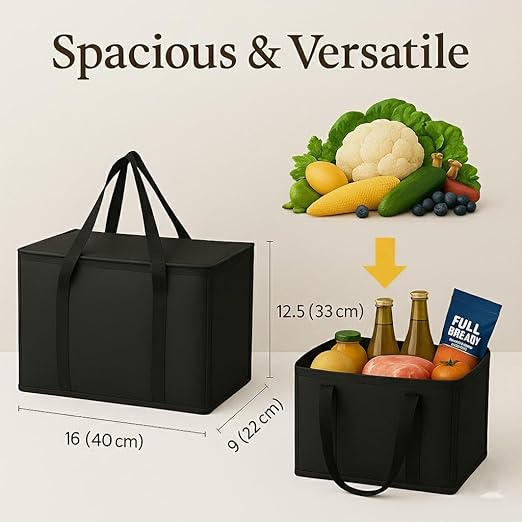 musbus 2-Pack, XL-Large Insulated Grocery Shopping Bags, Black, Reusable Bag,Thermal Zipper,Collapsible,Tote,Cooler,Food Transport hot and Cold,Camping