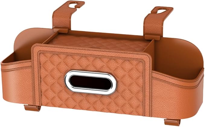 Car Backseat Organizer, 4-in-1 Multifunctional Vehicle Seat Back Tissue Box with Cup Holder & Hook, Auto Backseat Hanging Storage Box for Bag Phone Drink, Universal for Vehicles (Orange)
