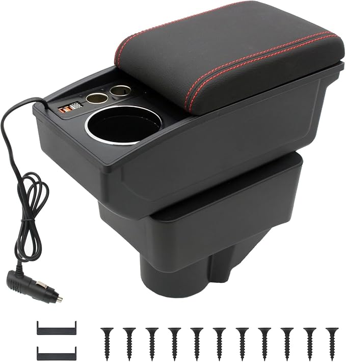 YJYWZH Car Armrest Box Fit for Ford Fiesta 3 2011-2019 MK7 Accessories Center Console Cup Holder Double Layer Storage Organizer Box with 2 USB Fast Charging Ports, Red Stitches