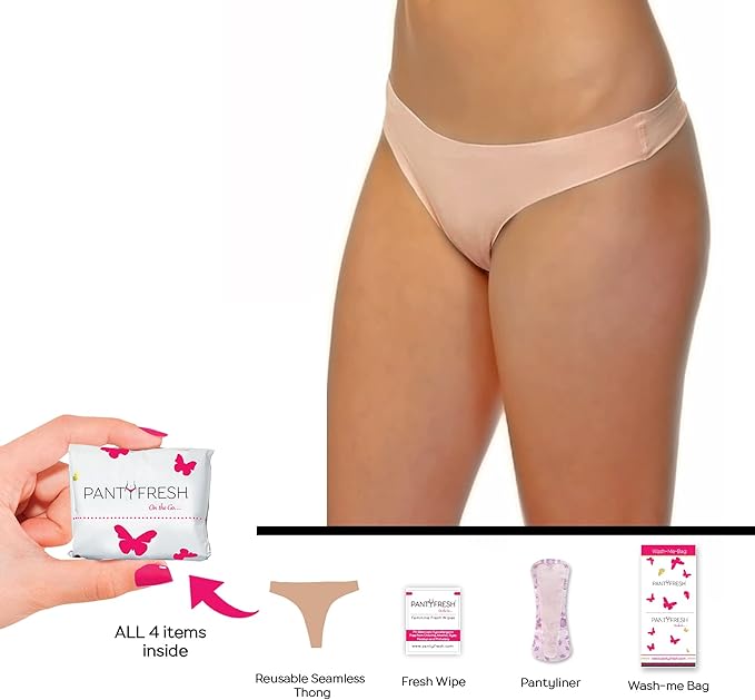 4in1 Essential Hygiene Kit Includes Seamless Thong Underwear, Fresh Wipe & Panty Liner - Accidents Travel Toiletry Kit On-the-Go Period Kit