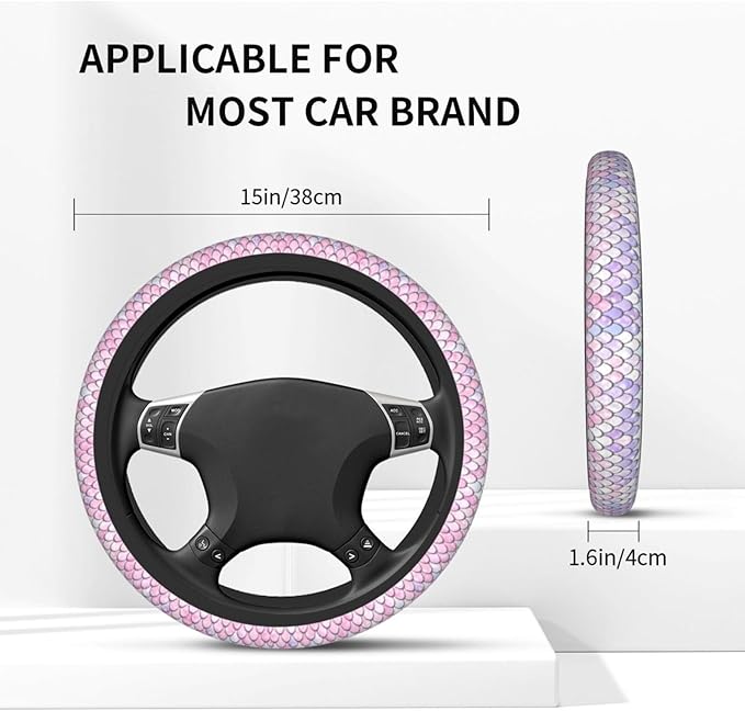 Mermaid Scales Steering Wheel Cover - Fish Scale Steering Wheel Cover Anti-Slip Breathable Universal for 15 Inch Car with 2 Pieces Car Coasters Suitable for Men Women