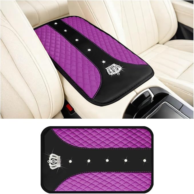 Bling Car Center Console Cover, Crown Crystal Rhinestones Vehicle Armrest Mat Protector, Anti Slip Sparkling Automotive Arm Rest Seat Box Cushion Pad Decor Accessories, Universal Fit (Purple)