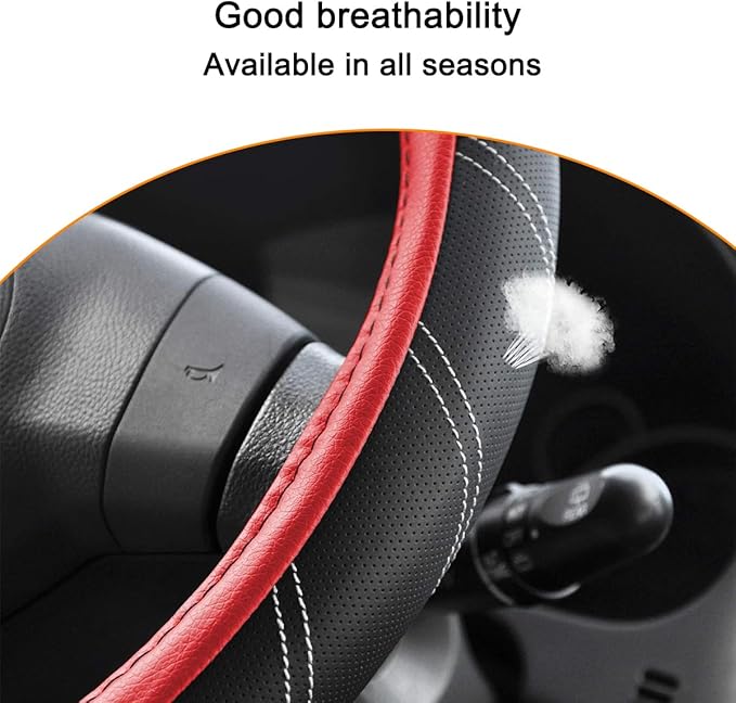 Mandark Car Steering Wheel Cover, Elastic Sport Leather Vehicle Steering Wheel Protector, Non-Slip Soft Grip Padded Auto Interior Protective Accessories, 14.5-15 Inch Universal Fit（Red）