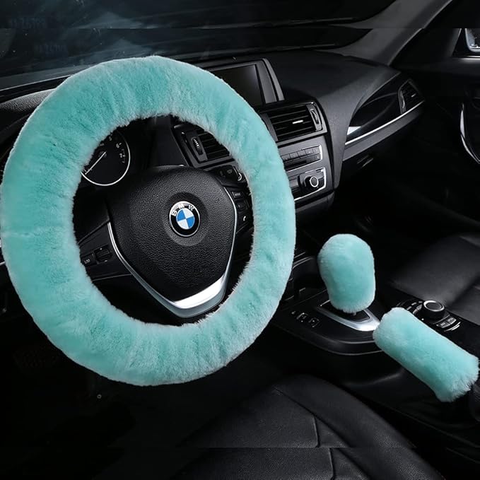 3Pcs/Set Pure Wool Fur Furry Steering Wheel Cover, Soft Fluffy Handbrake Cover Gear Shift Cover for Women Car SUV Truck Australia Sheepskin Accessories, Light Green