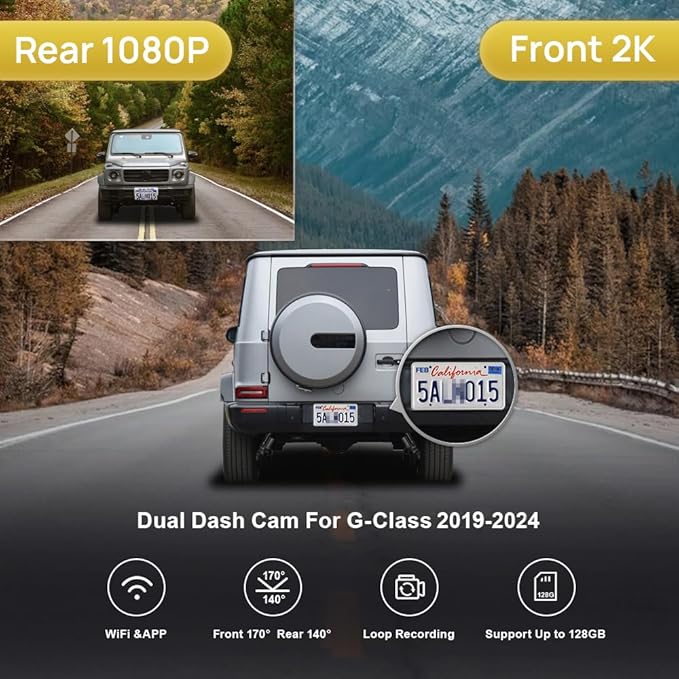 Fitcamx Front 2K+Rear 1080P Dash Cam Adapts for Mercedes-Benz G-Class 2019-2024 G550 (HD2-6166/Has 10 Vents) W463, OEM Style, Dual HD Video, WiFi & APP, Loop Recording G-Sensor, Easy to Use, 64GB Card