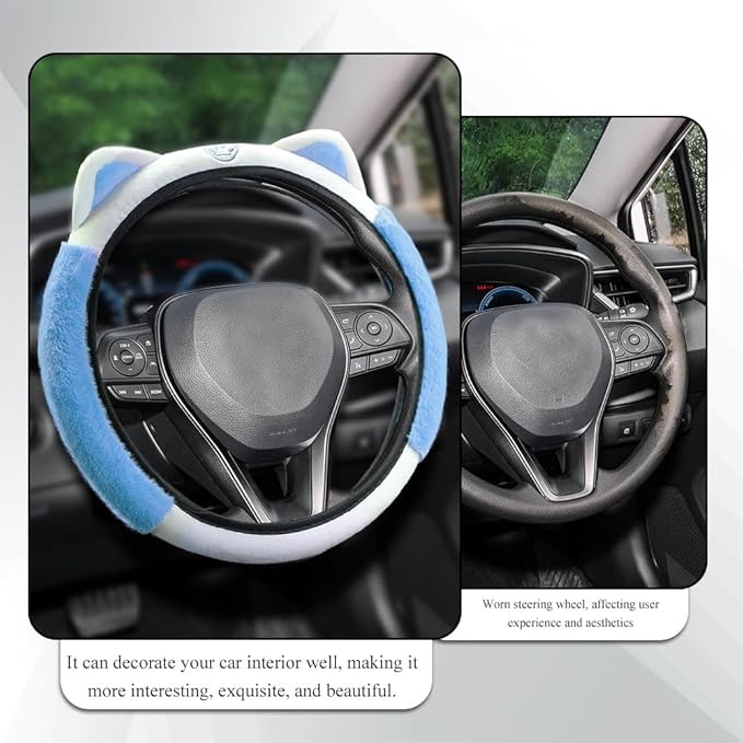 Car Steering Wheel Cover, 15 Inch Fluffy Soft Plush Auto Protector, Anti-Slip Elastic Lovely Car Cover Accessories with Kitty Cat Ears Universal for Most Vehicles (Fluffy-White+Blue)