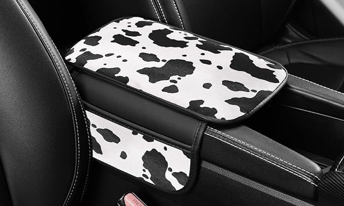 Dotesy Cow Pattern Car Center Console Cover,Microfiber Leather Car Armrest Cover Cushion with 2 Storage Bags,Universal Car Armrest Storage Box Car Interior Accessories for Most Vehicles (Black White)