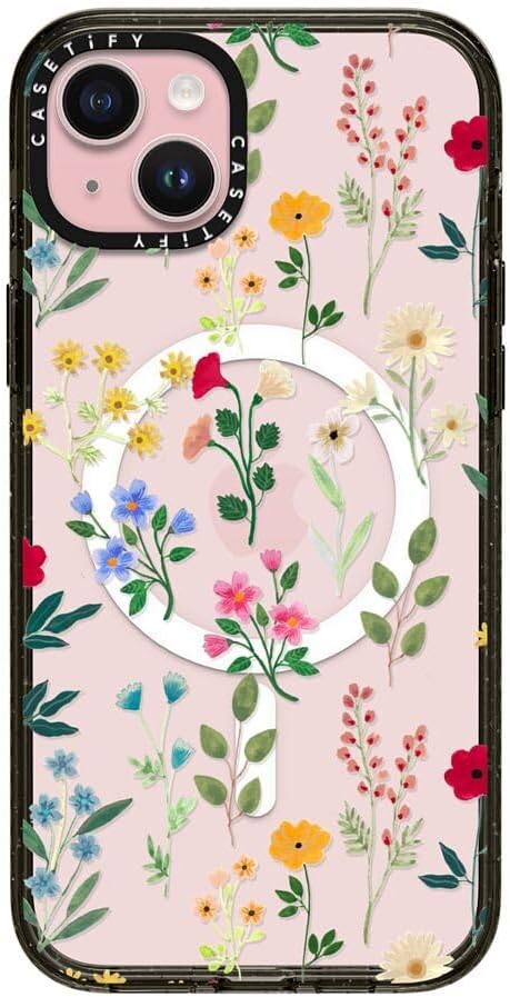 CASETiFY Impact iPhone 15 Plus Case [4X Military Grade Drop Tested / 8.2ft Drop Protection/Compatible with Magsafe] - Flower Prints - Spring Botanicals 2 - Clear Black
