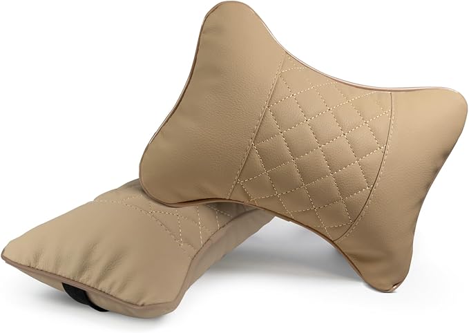 Set of 2 Quilted Faux Leather Car Headrest Pillow, Black Case/Black Threading, Ergonomic Neck Support for Comfortable Driving (Tan Base/Beige Thread)