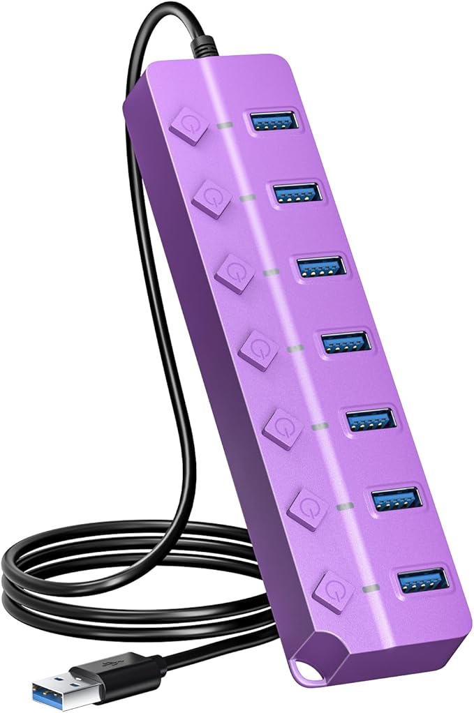 ONFINIO USB Hub 3.0, 7-Port USB Hub Splitter with Individual On/Off Switches and Lights, 3.2ft/1m Long Cable Compatible with MacBook, Laptop, Surface Pro, PS4, PC, Flash Drive, Mobile HDD-Purple
