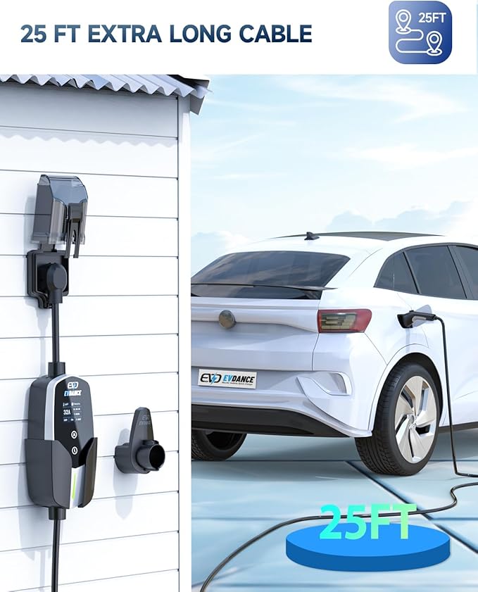 EVDANCE Level 2 EV Charger - Portable 32A EV Chargers NEMA 14-50 with 25ft Cable, Adjustable Current/Delay Charging for Electric Car Charger