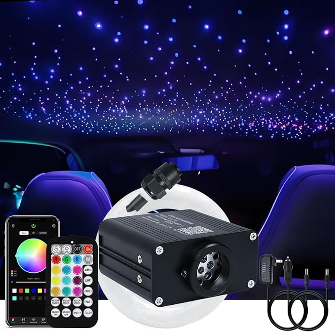 AKEPO Small Size 16W RGBW APP Twinkle Fiber Optic Lights, Sound Activated 500pcs(0.03+0.04+0.06in) 9.8ft/3m Optical Fiber Star Ceiling Light Kit for Car Truck Starlight Headliner/Home
