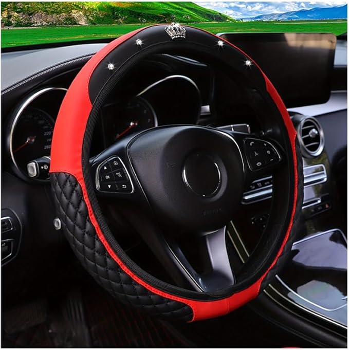 Bling Car Steering Wheel Cover, Diamond Leather Crystal Rhinestones Vehicles Steering Wheel Protector, Sparkling Anti-Slip Automotive Interior Decoration Accessories, Universal Fit (Red)