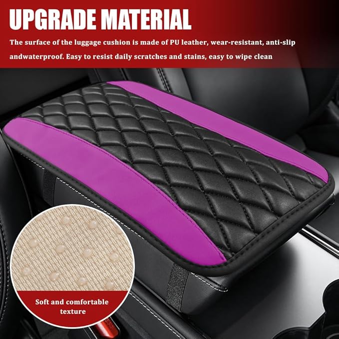 Car Center Console Cushion Pad, Armrest Cover for Car, Leather Waterproof Armrest Seat Box Cover, Auto Accessories Comfortable Arm Rest Box Cushion Pad for Most Vehicles (Purple)