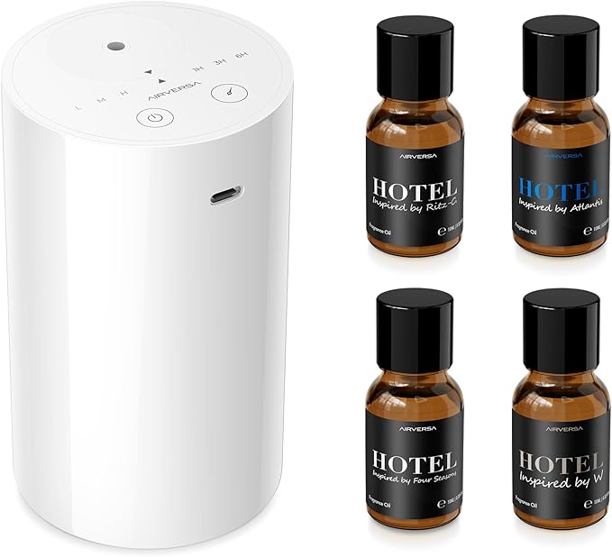 Airversa Waterless Essential Oil Diffuser Starter Kit with 4 x 10mL Hotel Scent Fragrance Oil, Battery Operated Mini Scent Air Machine Portable Diffuser for Home Car Office, AN8 Kit White