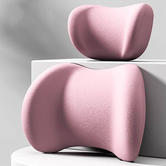Car Headrest & Lumbar Support Cushion, Ergonomic Car Seat Headrest & Lumbar Cushion with Adjustable Strap for Neck Back Pain Relief, Memory Foam & Breathable Car Head Lumbar Rest Set (Pink)