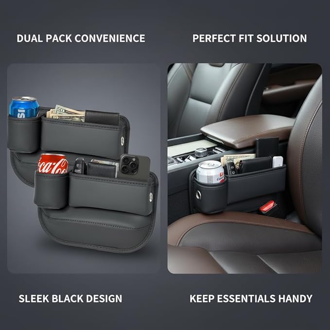 2-Pack Car Seat Gap Filler Organizer with Cup Holder - Premium Leather - Universal Fit - Keeps Cans/Phone/Keys/Wallets Organized