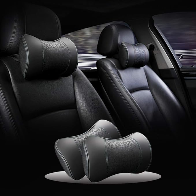 Car Leather Neck Pillows, Neck Rest Cushions,100% Memory Foam Cervical Support, Comfortable Travel car Seats and Home Office Soft Pillows, Black a Set (2 pcs)