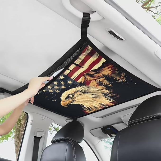 Eagle USA Flag Car Roof Storage Bag Hanging Car Storage Bag All Car Storage Organizers Large Capacity Can Hold Mobile Phone, Wallet