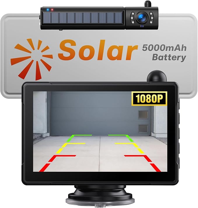 Solar Wireless Backup Camera for Car 5" HD 1080P Monitor 2 Mins DIY Installation 5,000mAh Battery Night Vision 2 Split Screen Back Up Camera Waterproof Reverse Camera for Truck,Pickup,RV,SUV