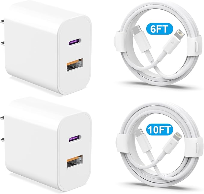 20W Dual Port Fast Charger Block 2-Pack with 6FT & 10FT MFi-Certified Cables, PD/QC3.0 Quick Charge Adapter for iPhone 14/13/12/11 Pro Max/XS/XR/X, iPad, AirPods Pro - Overheat & Surge Protection