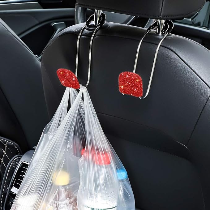 SAVORI Car Headrest Hooks Bling Car Accessories Rhinestones Universal Auto Back Seat Headrest Metal Hanger Organizer Vehicle Holder for Bag Purse Clothes Grocery 2PCS (Red)