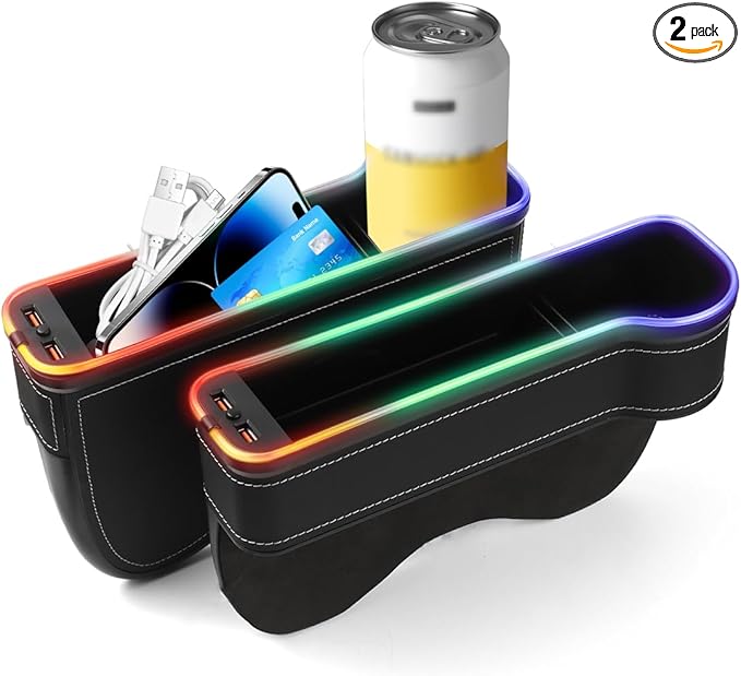 Shademax RGB Color Changing LED Car Seat Gap Filler Organizer Console Side Seat Gap Storage Box with Cup Holders and USB Chargers for Car Interior Accessories (2 Pack)