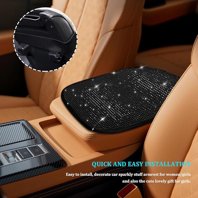 Bling Car Center Console Cover, Car Armrest Cover, Diamond Rhinestone Auto Center Console Cover Protector, Universal Arm Rest Cushion Pads Car Interior Accessories for Vehicles, SUVs (Black)