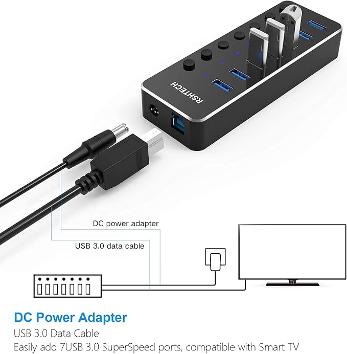 Powered USB Hub RSHTECH Type C to 7 Port USB 3.0 Data Port Hub Expander Aluminum Portable Splitter with Universal 5V AC Adapter and Individual On/Off Switches for Laptop and PC(Black)