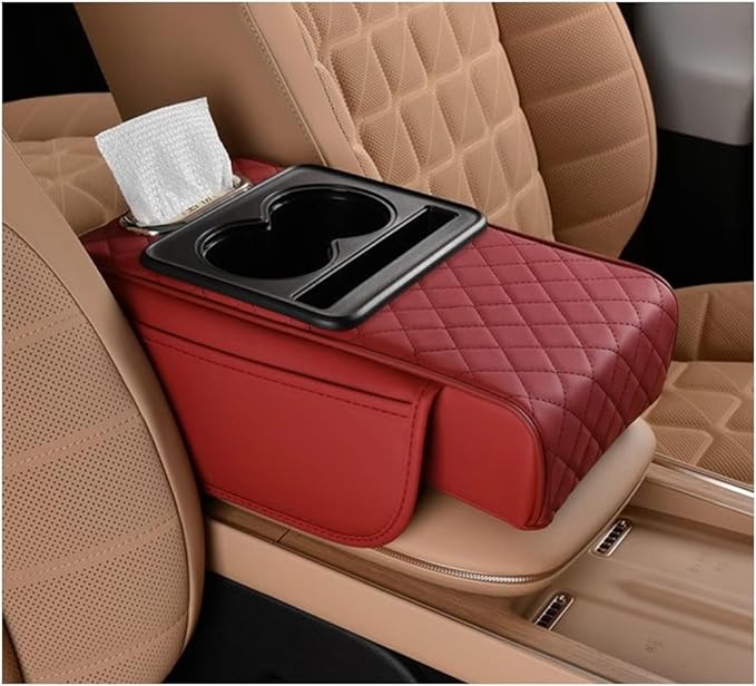 Car Center Console Cover, Memory Foam Nappa Leather Vehicle Armrest Cushion with Tissue Box, 2 Storage Bag & Holder, Automotive Arm Rest Protector Accessories, Universal Fit (Wine Red)