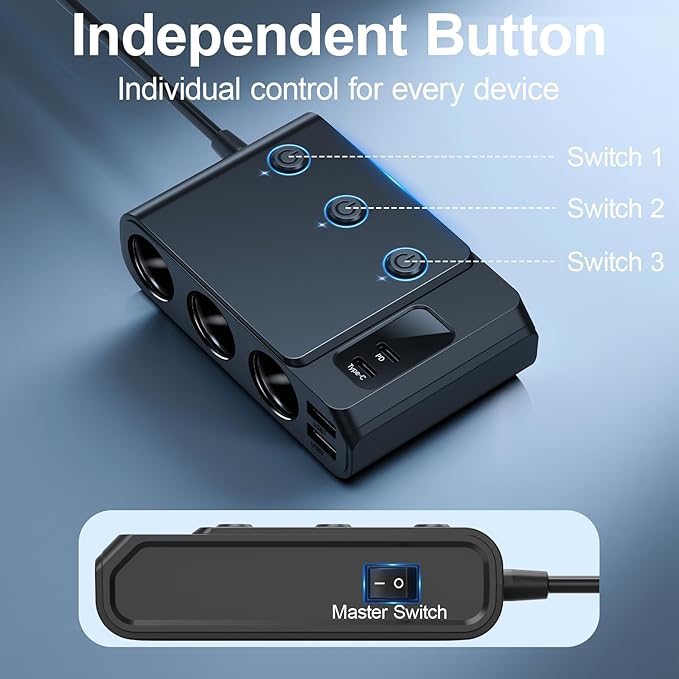 7 in 1 Cigarette Lighter Splitter, Tendak 150W Car Adapter with PD30W Type-C & 2 USB Charging Ports, LED Voltmeter, Independent Switches, Plug Outlet 12V/24V (3.3ft Cable)