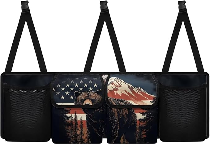 American Flag Bear Hanging Trunk Organizer, Foldable Back Seat Trunk Organizer with 4 Large Compartments, Universal for Vehicles
