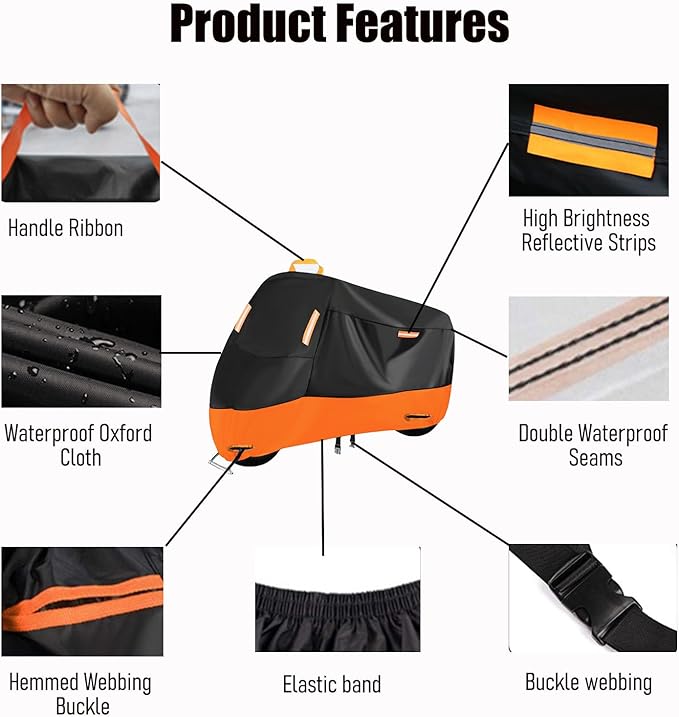 Thickened 4XL Motorcycle Cover – Waterproof and Windproof Large Bike Cover Fits up to 116" – Lockable & Reflective (4XL)