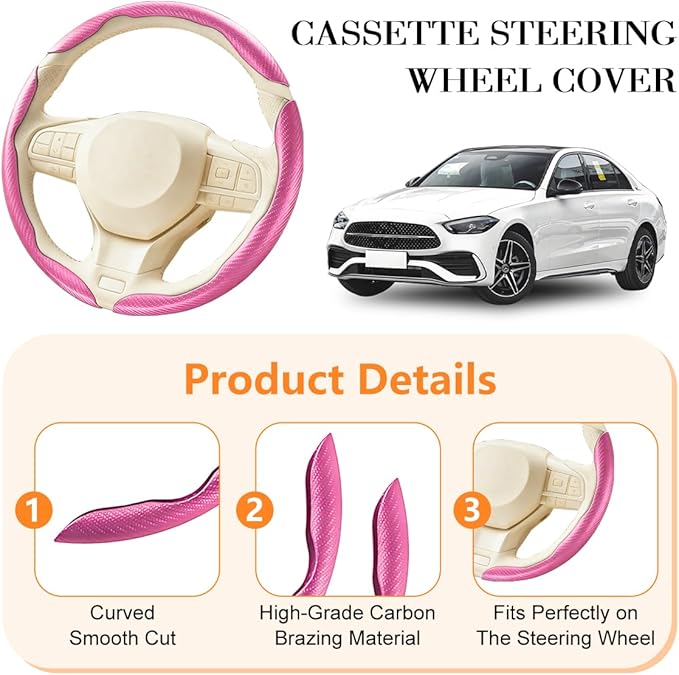 3PCS Carbon Fiber Car Steering Wheel Cover, Leather Segmented Anti-Skid Steering Wheel Protector, Snap on Automotive Interior Protection Accessories, Universal for Vehicles (Pink)