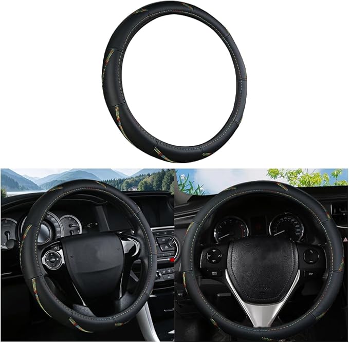BELOMI Car Steering Wheel Cover, Anti Slip Leather Breathable Vehicle Protector, Comfortable Grip Automotive Interior Protective Guard Accessories, Universal for SUV, Sedan, Truck (Black/Multicolor)