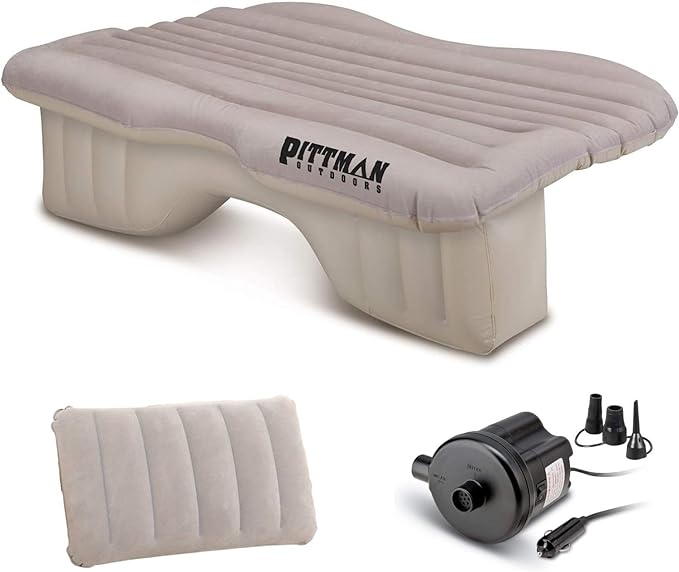 Pittman Outdoors Backseat Bed Air Mattress – 55” Rear Seat Air Mattress for Mid Size Trucks, Vans & Large SUV – Includes Pump, Pillow & Storage Bag – Inflatable Back Seat Air Mattress – DarkTan