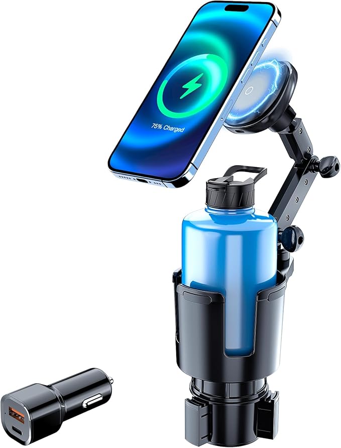This Hill for Magnetic Cup Holder Charger, 360° Rotating Wireless Magnetic Car Charger, Fast Charging Phone Holder for iPhone 17 16 15 14 13 12 and Samsung Galaxy S20 Above Series [With QC 3.0 Adapter
