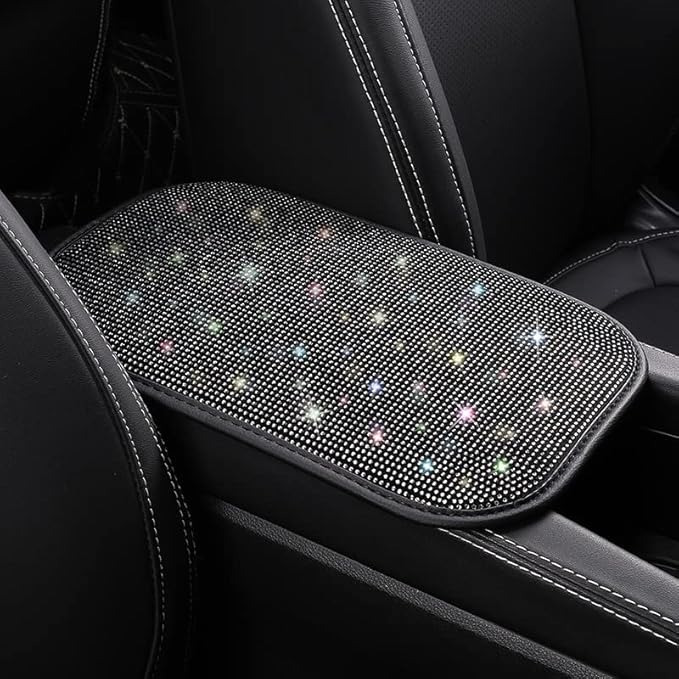 BetterJonny Auto Bling Car Armrest Cover, Crystal Rhinestone Auto Center Console Cover Pad Non-Slip Car Arm Rest Cushion Pad Universal Bling Car Accessories for Most Car (Black)
