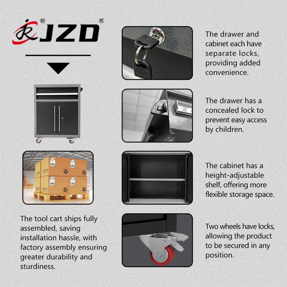 JZD Steel Garage Storage Cabinet System with Workbench, Included One Tool Cart, for Utility Room Workshop