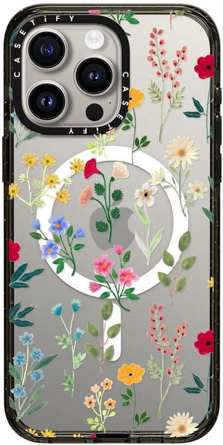 CASETiFY Impact Case for iPhone 15 Pro Max [4X Military Grade Drop Tested / 8.2ft Drop Protection/Compatible with Magsafe] - Flower Prints - Spring Botanicals 2 - Clear Black