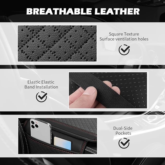 Car Center Console Cover with Storage Bag,Heighted Arm Rest Cover for Car with Square Press Pattern & Air Ventilation Hole for Soft Support,Artificial Leather Cars Middle Console Covers