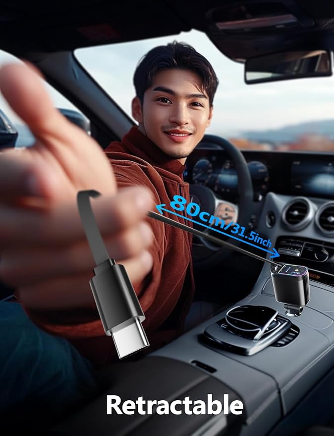 Starlight Retractable Car Charger with Dual Type C Cables, 66W Starlight in Car roof 4 in 1 Retractable Car Phone Charger Adapter, Fast Charging USB C Cable, Compatible with iPhone 17/16/15/14