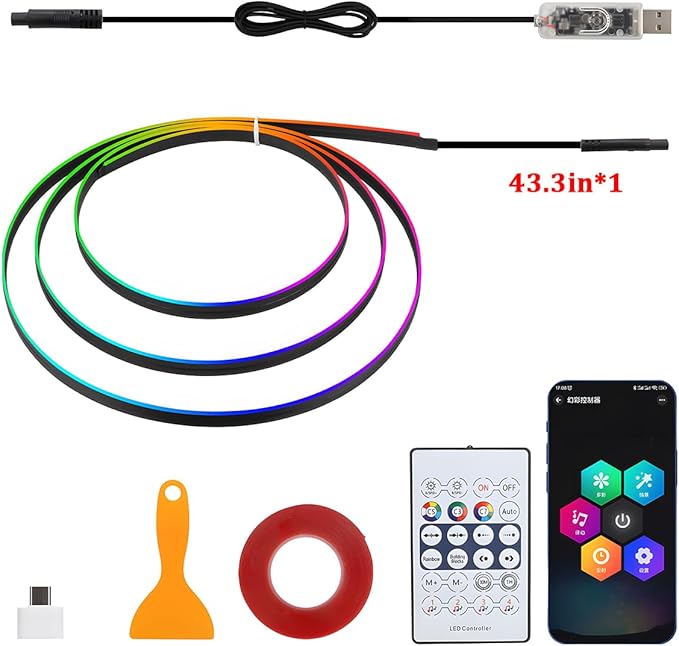 Car Interior Ambient LED Light with APP & Remote Control, 43.3" Music Mode Fiber Optic USB Powered Acrylic Atmosphere Lamp Strip, Flexible RGB Auto Inside Neon Light Kit, Universal Fit