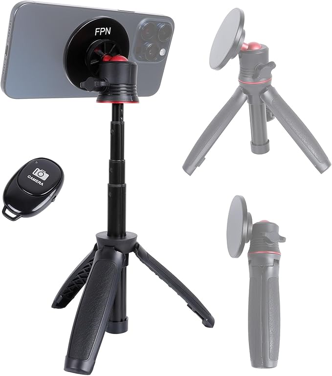 Magnetic Cell Phone Tripod for MagSafe, Mini Extendable Selfie Stick and Tripod Stand with 360° Ball Head, Compatible with iPhone 16 15 Pro Max Plus 14 13 12 Series