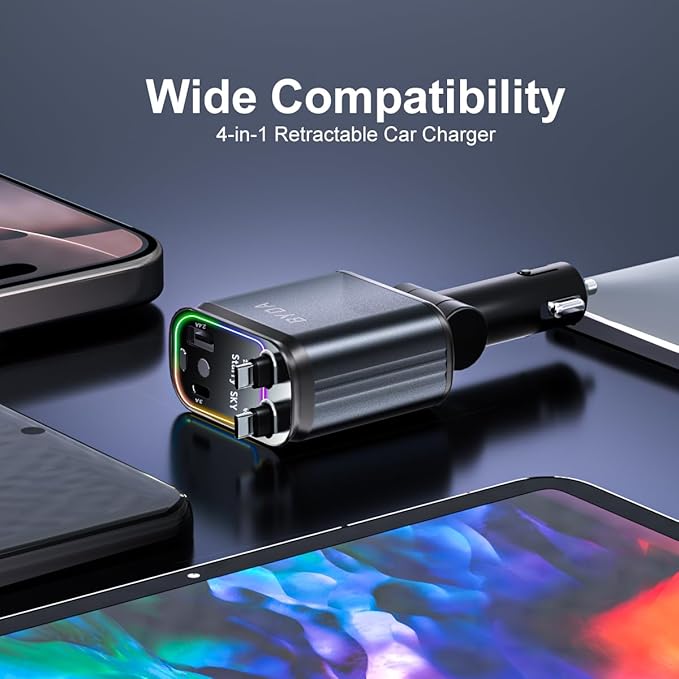 4 in 1 Retractable Car Charger with Starry Light,69W Cigarette Lighter Charger,USB C Fast Car Charger for iPhone 17 Pro Max 16 15 14 13 12 11 (Lightning+USB-C & PurpleLight)