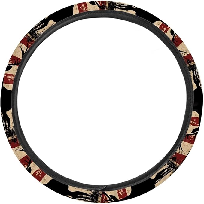 SEANATIVE Deer American Flag Car Steering Wheel Cover for Women Breathable Anti Slip Auto Steering Wheel Covers fit Standard Size 15inches
