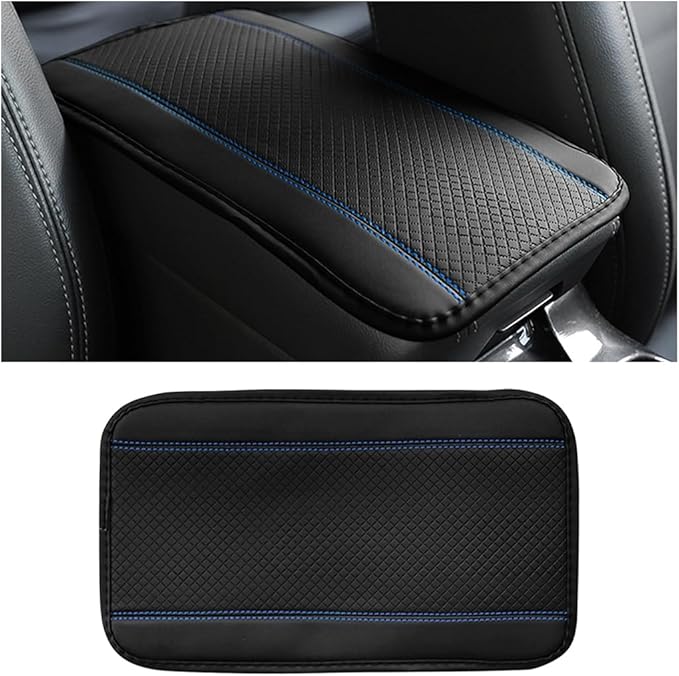 Car Armrest Seat Box Cover, Comfortable Leather Automotive Center Console Cushion Pad, Soft Waterproof Vehicle Arm Rest Protector Mat Accessories, Universal for RV, SUV, Truck (Black/Blue)